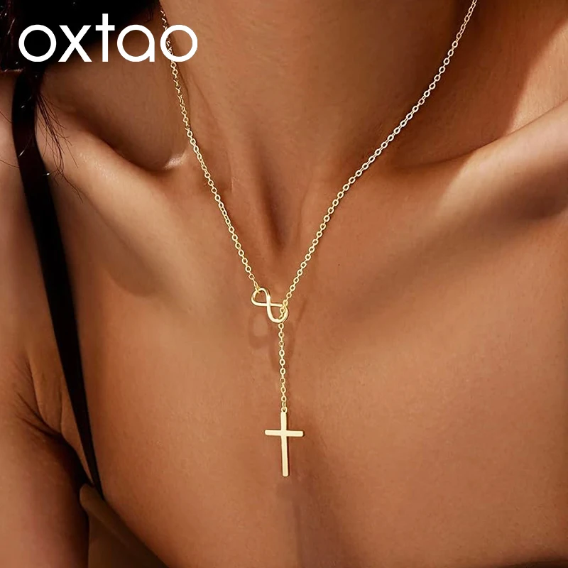 

OXTAO 14K Gold Filled Infinite Lucky & Cross Pendant Necklace for Women Long Charm Y-shape Necklace Clavicle Chain Jewelry Gifts