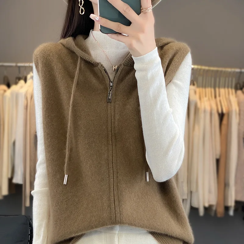 

Autumn Winter Fashion Women'S Hooded Wool Vest Sleeveless Warm Outerwear Zipper Cardigan Knitted Wool Coat Sleeveless