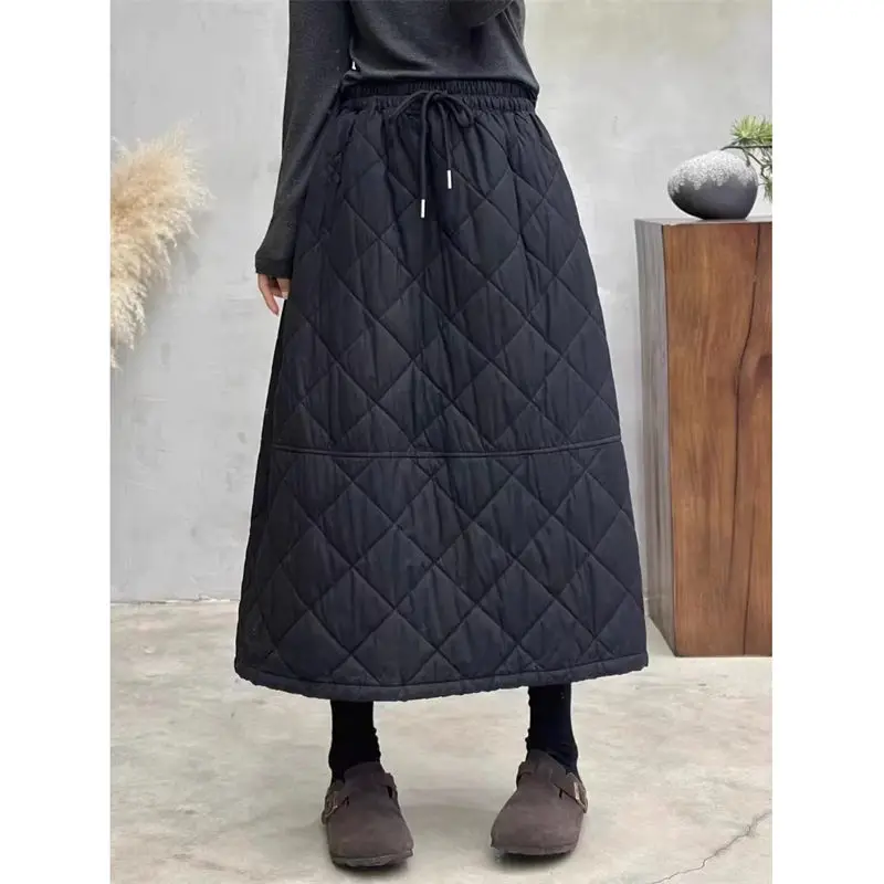 Women's Retro Art Quilted Skirt with Elastic Waist Cotton Blend Loose Fit for Autumn Winter Casual Versatile Skirt A473