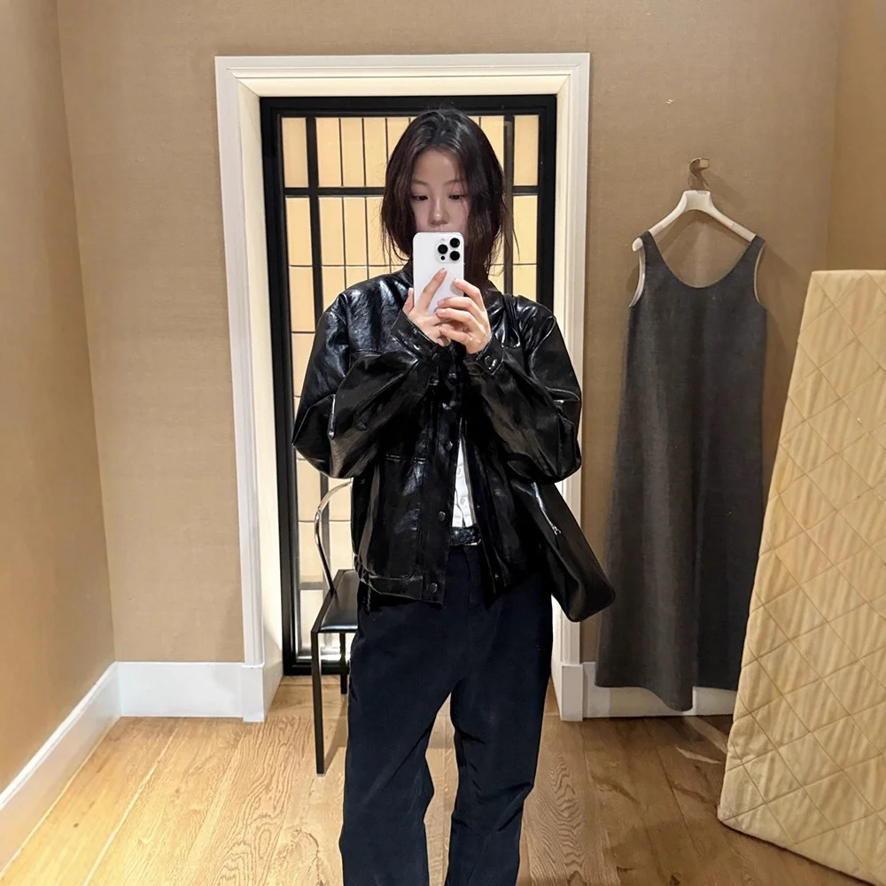 

Bla Velvet Leather Jaet Single Button Loose Fit East Gate H25 Ci Walk Sle Long Sve PU Leather Coat for Women