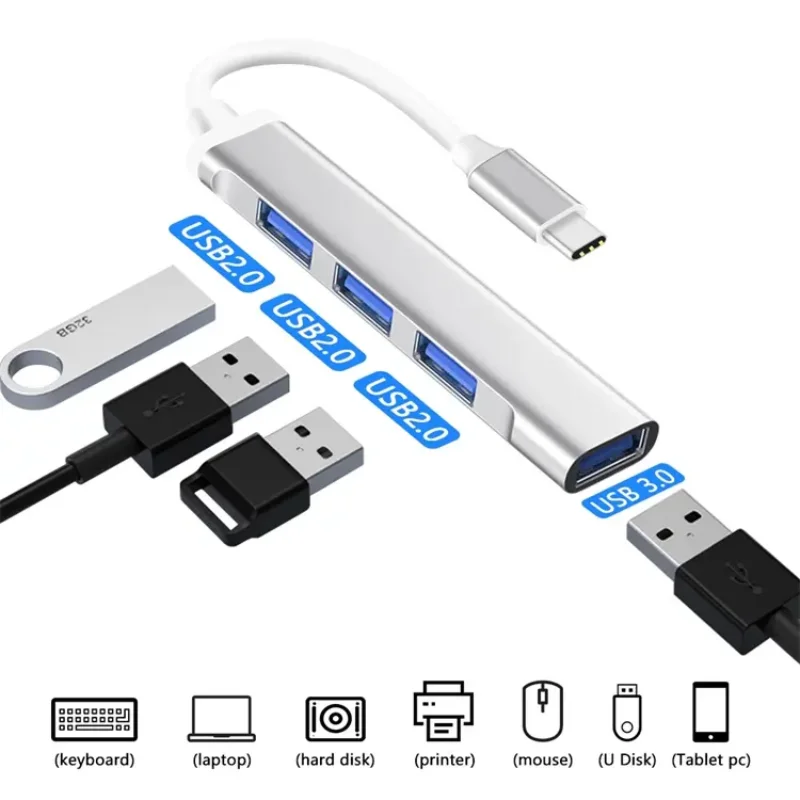 

Алюминиевый металлический корпус USB C-концентратора 3,0 2,0 Type C Multi 4-портовый разветвитель-адаптер OTG для Samsung Macbook Pro Air PC Компьютер Ноутбук