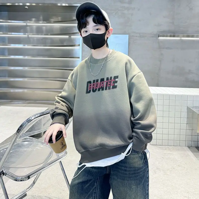 

2025 New Boys' Long Sleeve Crewneck Sweatshirt - Stylish Chic Middle To Large Size Autumn Spring Kids' Top