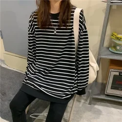 L-3XL Striped Sweatshirts Women Chic Ulzzang Long Sleeve Vintage Minimalist Female Lady Clothes Autumn Fashion Loose Streetwear