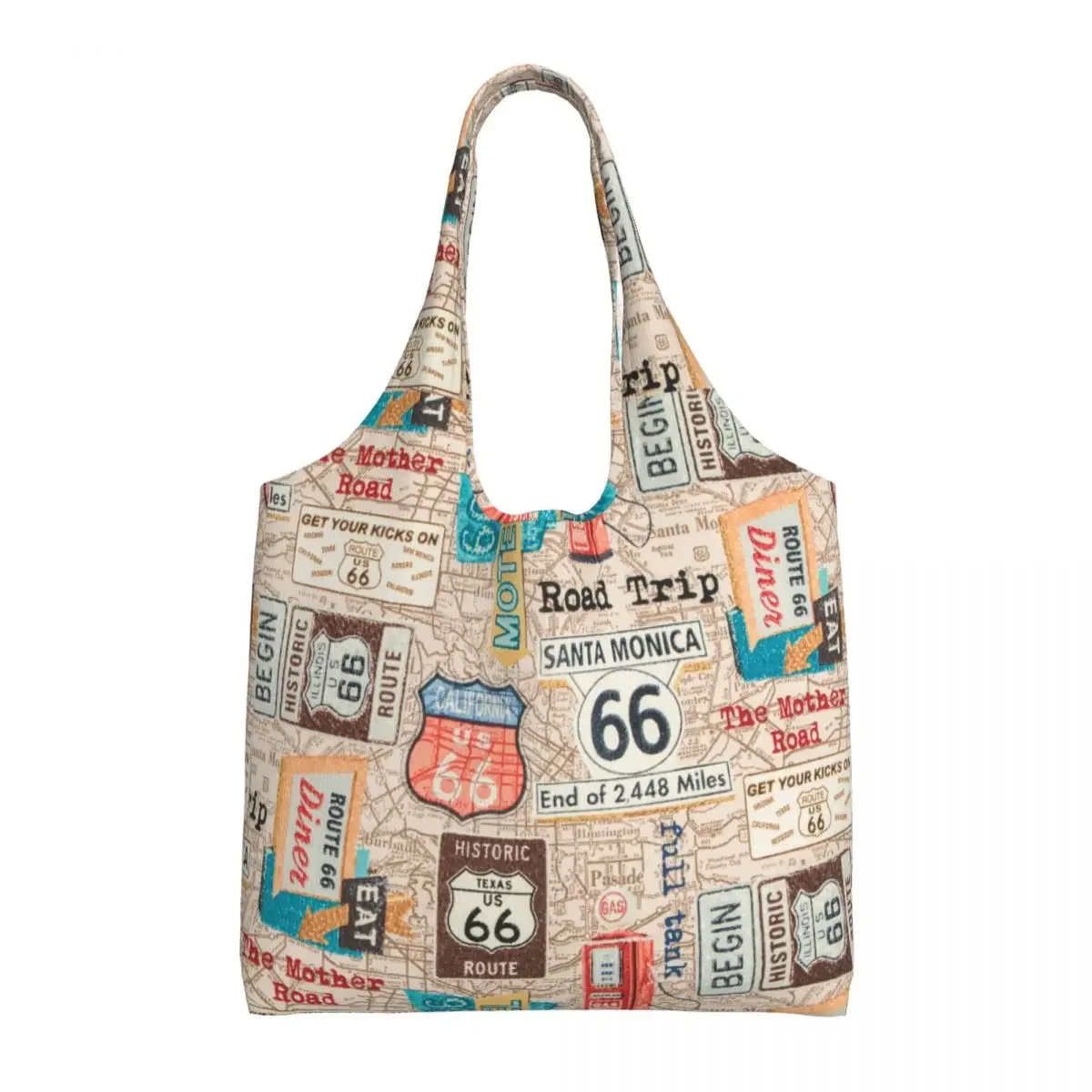 

Kawaii Printing Vintage Route 66 Tote Shopping Bags Durable Canvas Shoulder Shopper USA Highways Map Photographer Handbag