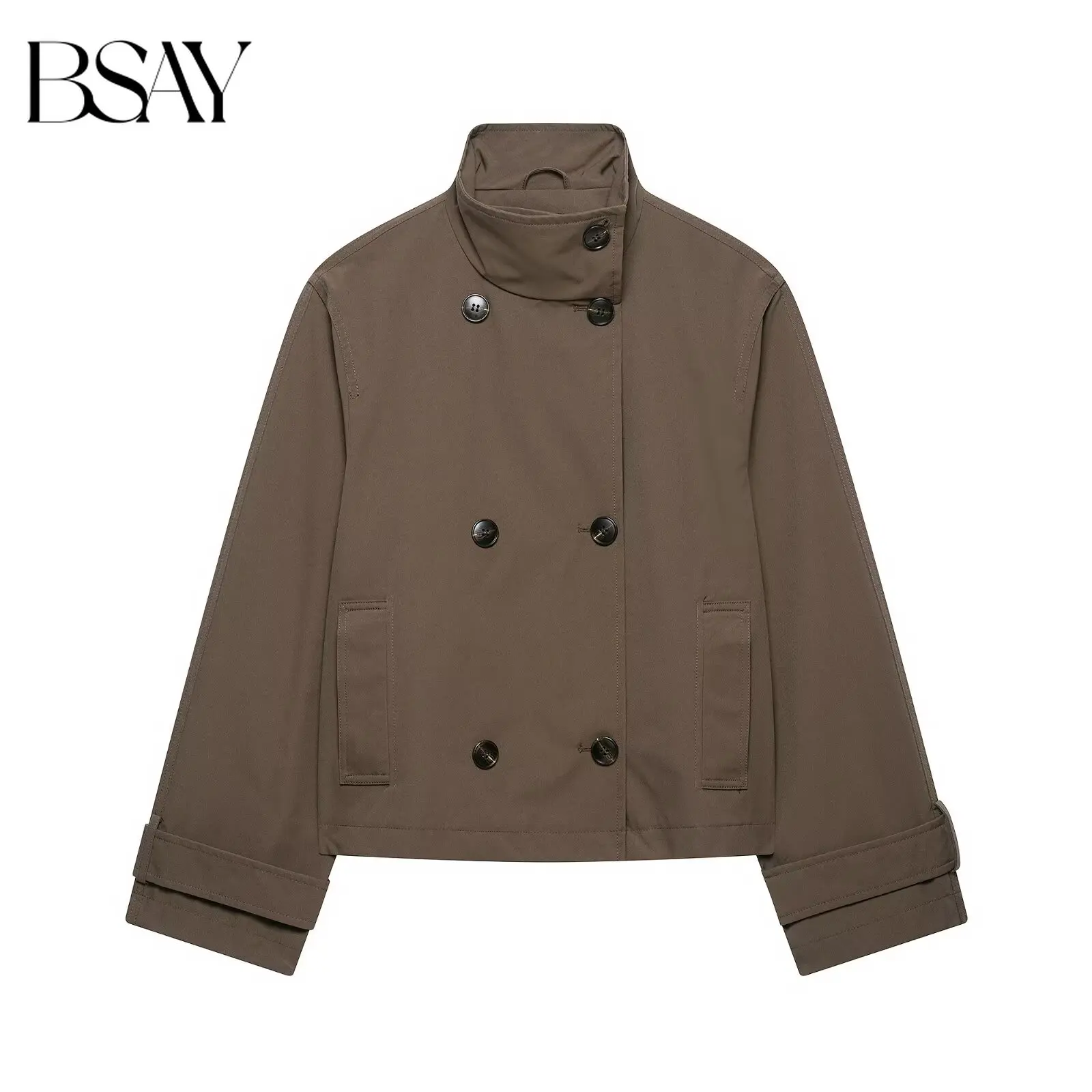 

BSAY 2026 New Women's Short Windbreaker Stand Up Collar Double Breasted Long Sleeved with Pockets Casual Short Windproof Jacket