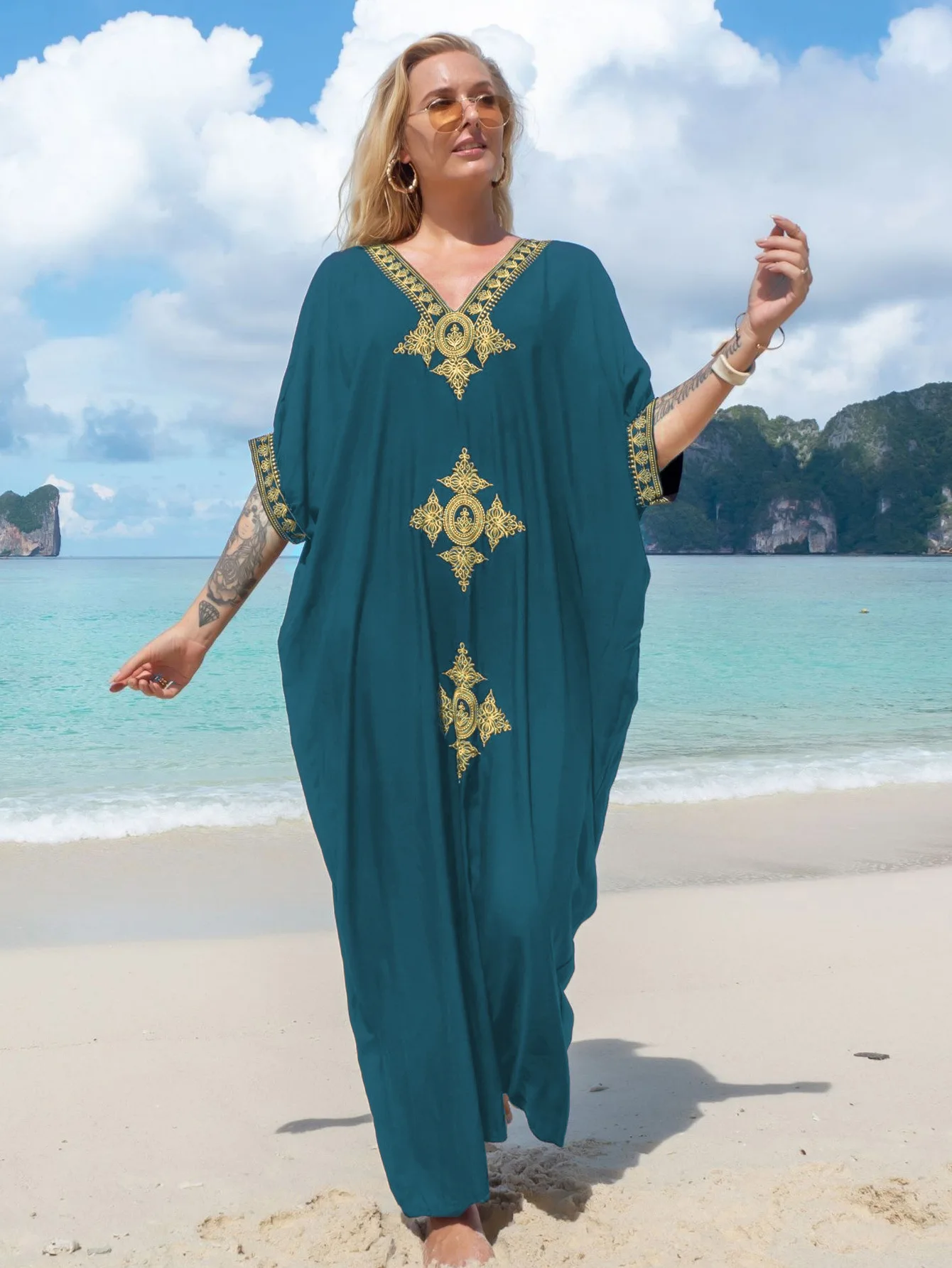 Women\'s Clothing Gold Embroidery Long Kaftan Dresses V Neck Caftan Dress Beach Cover Ups Tunic Maxi Dress