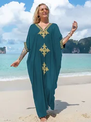 Women's Clothing Gold Embroidery Long Kaftan Dresses V Neck Caftan Dress Beach Cover Ups Tunic Maxi Dress