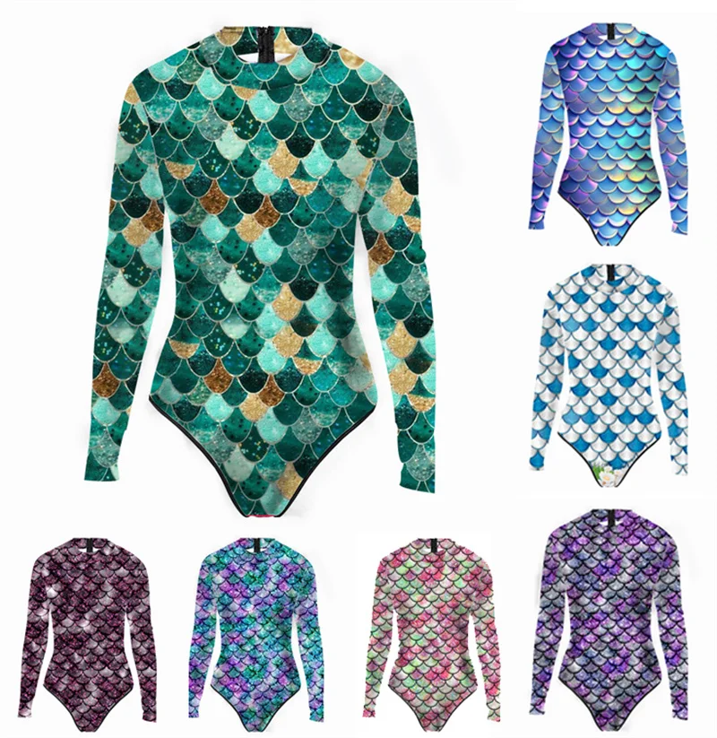 Multi-Color  Swimsuit Women's Long Sleeve One-piece Zipper Swimsuit 3D Printed Fish Scale Mermaid Swimsuit Women Beach Wear