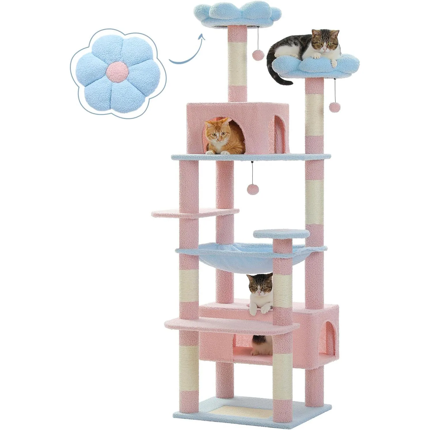 

72-Inch Blue Flower Cat Tree with Steel Frame Hammock 7 Scratching Posts Large Indoor Cat Tower 2 Condos Perches Carton Packed