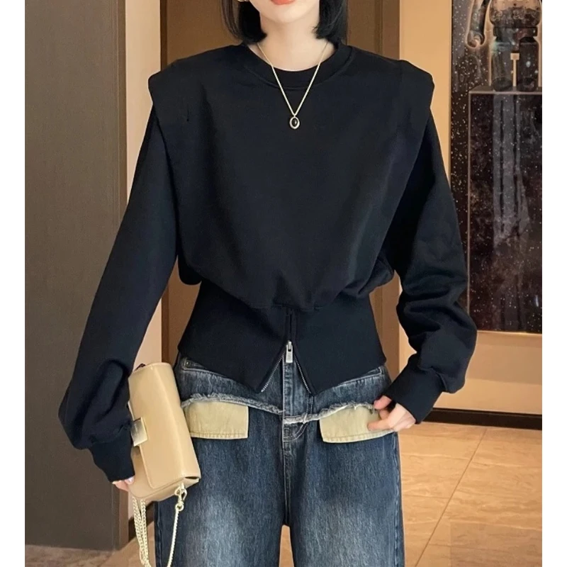 New Loose Zipper Patchwork Short Hoodies Long Sleeve Solid Color Street Casual Short Pullovers Top Vintage Fashion Women Clothes