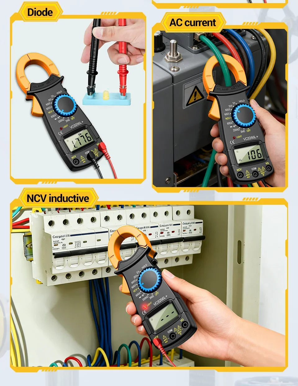 VC3266L+ Digitales Zangenmessgerät 1999 Zähler AC 600A Strom AC DC 600V Spannung Widerstandstester NCV Berührungsloser Spannungstester – Detail 9