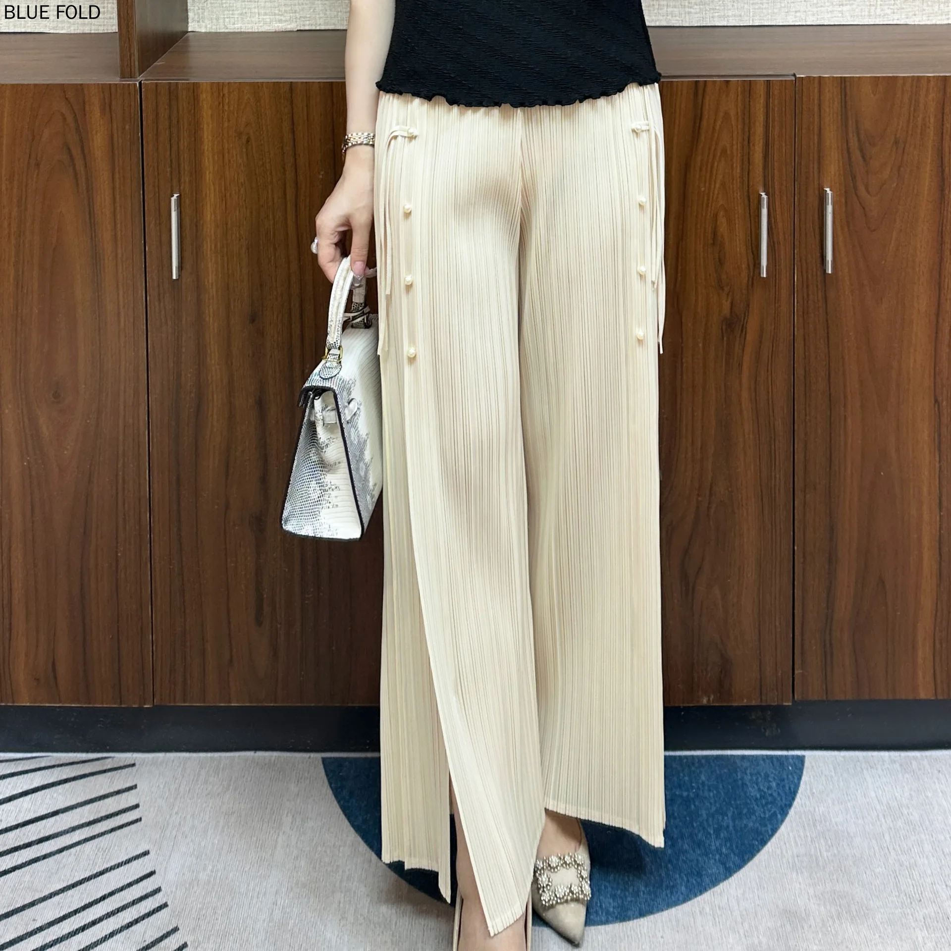 

MIYAKE-Pleated Straight Pants with Elastic Belt Simple Elastic Belt Casual and Versatile Glass Bead Tassel Slit PantsLarge Size