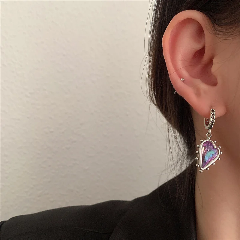 2023 Vintage Purple Crystal Heart Ssymmetrical Drop Dangle Hoop Earrings For Women Girl Fashion Jewelry Gift Party серьги