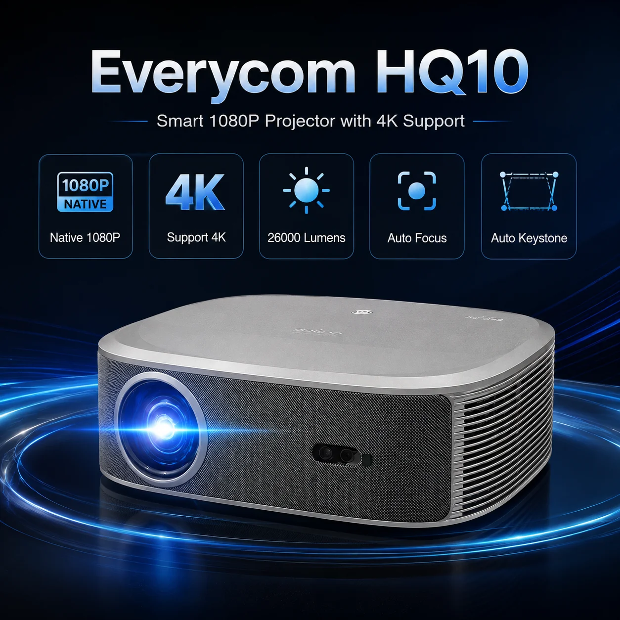 Proyector inteligente Everycom HQ10, 26000 lúmenes, resolución nativa 1080P Full HD, compatible con 4K, Android 12, enfoque automático