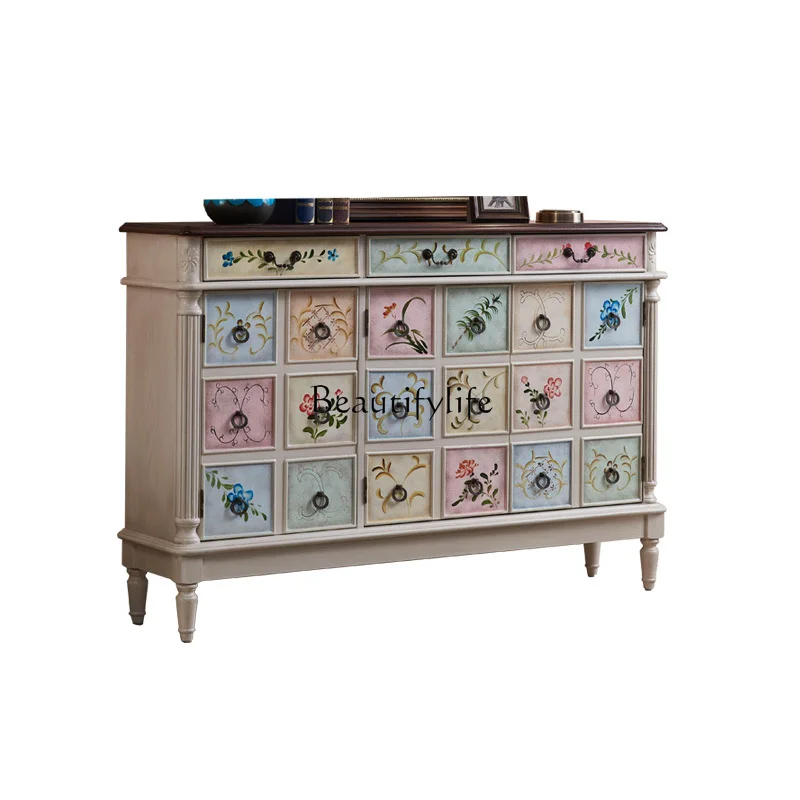 

American solid wood shoe cabinet retro old painted home entrance foyer large-capacity storage entrance cabinet
