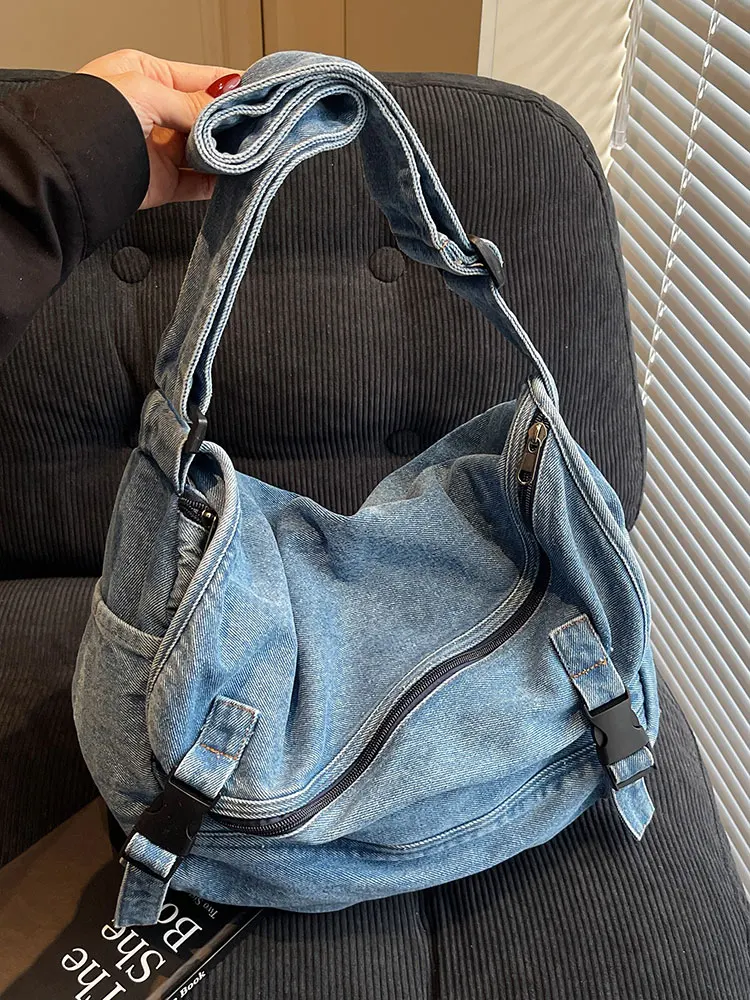 

Trendy Casual Retro Commuter Large Capaci Denim Fabric Women's Crossbody Bag Canvas oulder Bag Soft Square ape