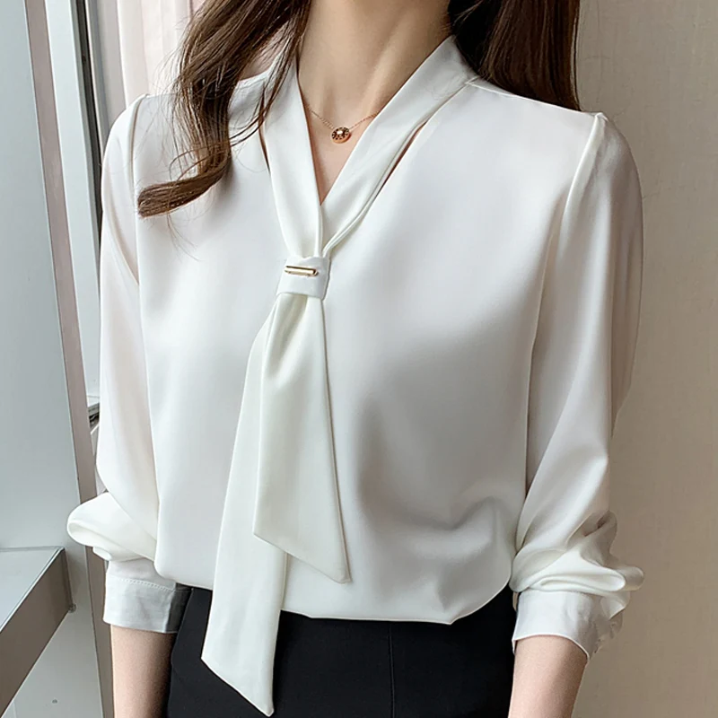 Long Sleeve White Blouse Bow V-neck Chiffon Blouse Shirt Women Tops Blouse Women Blusas Mujer De Moda 2024Women Blouses E367