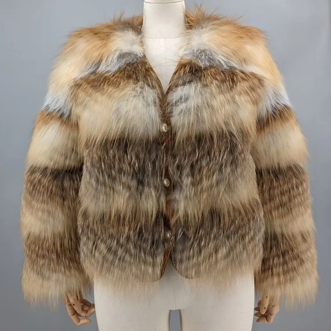 Women Natural Golden Island Fox Fur Duck Down Short Coat Deep V Neck Two In One Fluffy Light Warm Winter Fur Puffer Outerwear