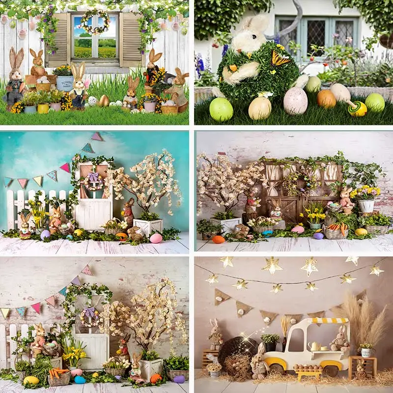 Rabbit Easter Eggs Party Backdrops Children Kids Birthday Photography Cake Smash Spring Background Photo Shoot Studio