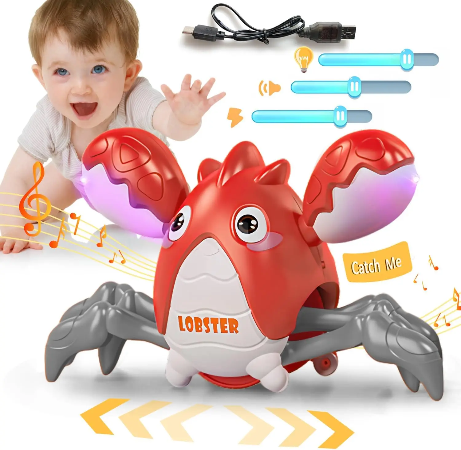 Brinquedo sensorial de lagosta para engatinhar, brinquedo musical para meninos e meninas, brinquedos em movimento para dança e caminhada, presentes de aniversário