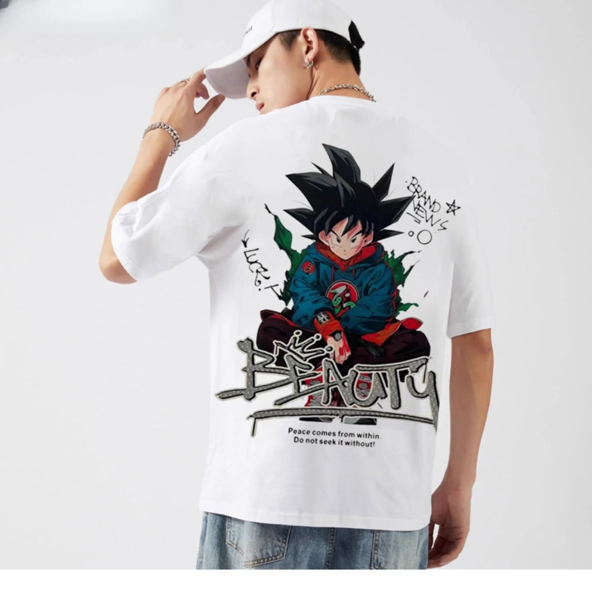 

Official Dragon Ball Goku Pattern T-Shirt Men's White Cotton Streetwear with BEAUTY Graffiti and Inspirational Quotes