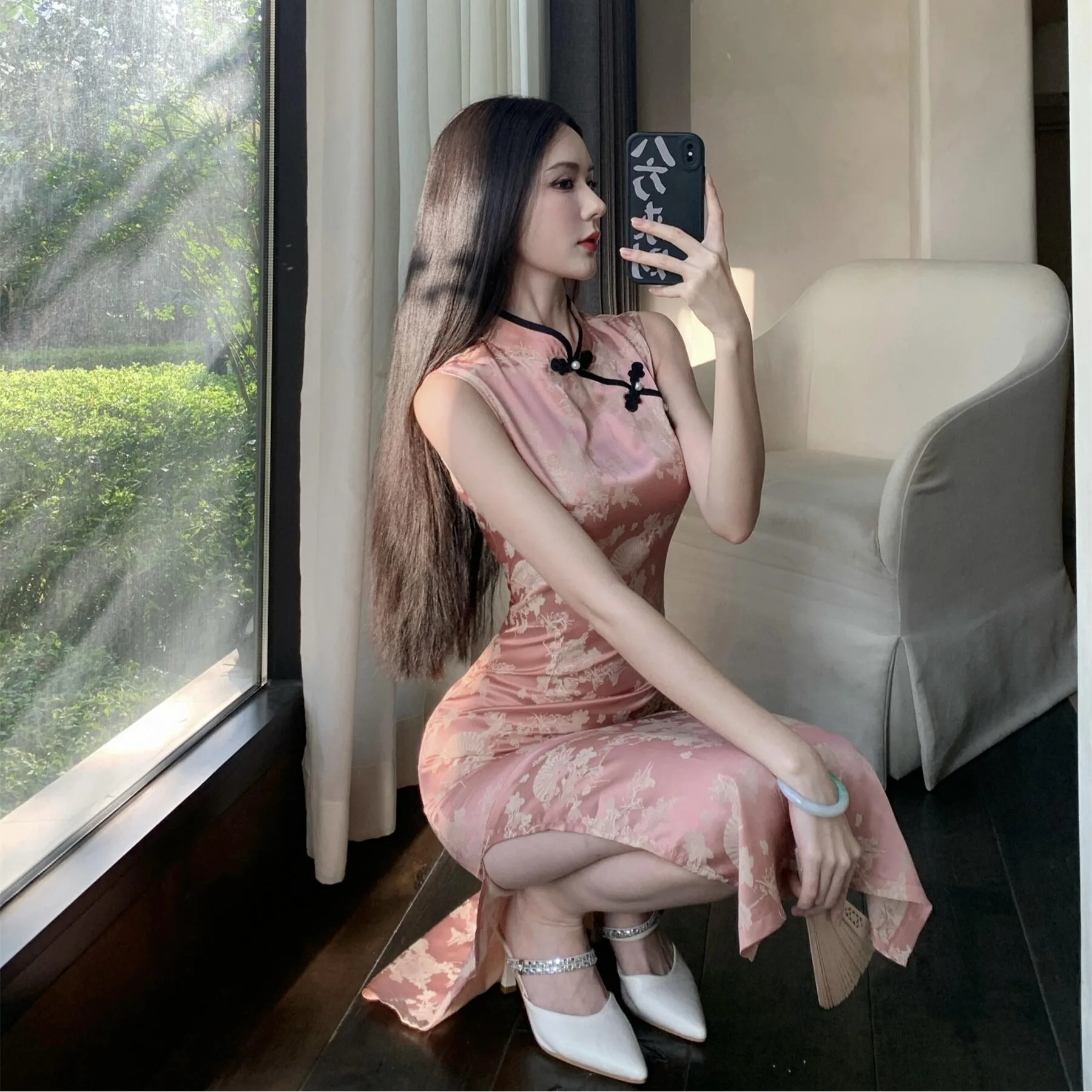 جديد الصينية Sle سليم صالح مثير Svel الأزهار التطريز الحرير الدكتور عالية الخصر منتصف طول ألف خط صورة ظلية للنساء #3