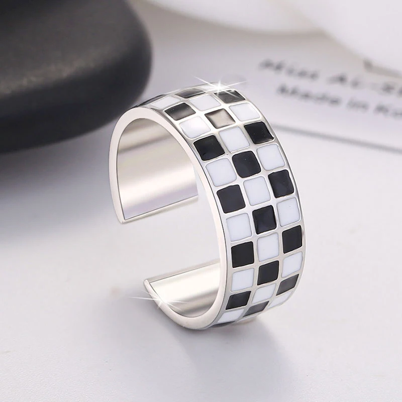 Women's 925 Sterling Silver Black Grid Adjustable Ring, Trendy