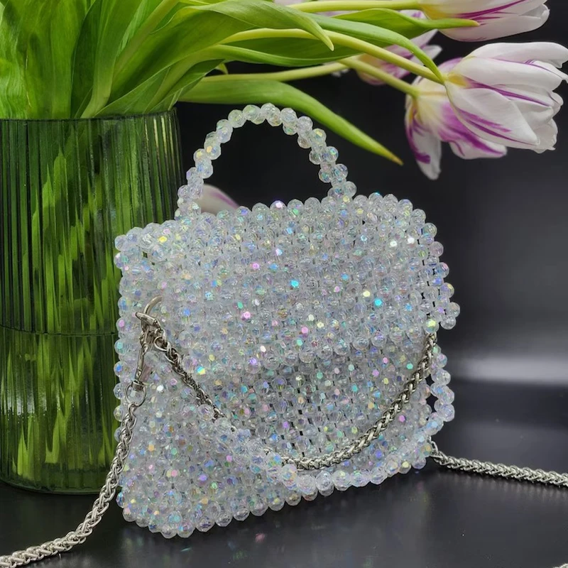 

Handmade Bead Bag Long Chain Hand-Woven Celebrity Handbags Unique Design Ladies Party Bag Top-handle Phone Purses and Handbags