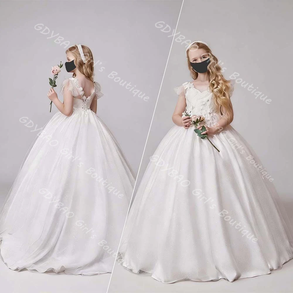 White Lace Appliqued Tulle Flower Girl Dress for Wedding Kids V Back Cap Sleeves First Communion Dress Custom Vestidos de Noiva