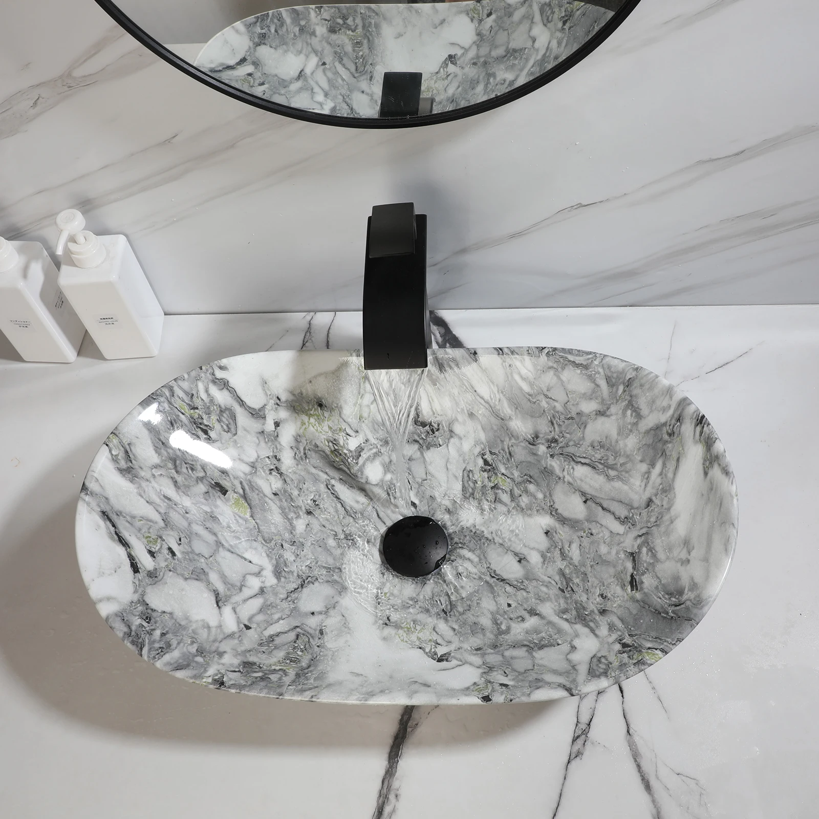 KEMAIDI Ceramic Vessel Sink 24“ Faucet and Drain Combo Oval Marbling Bathroom Vessel Sink Above Counter Art Sink Bowl Porcelain