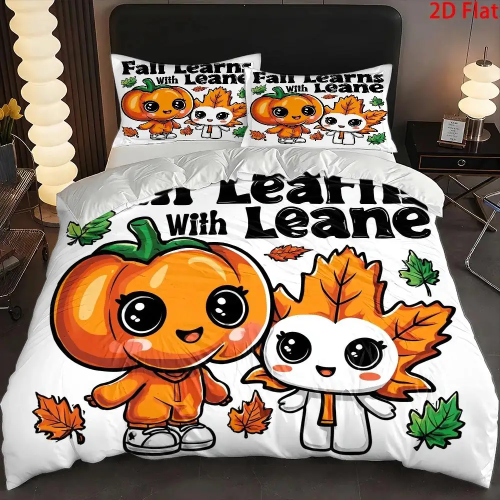 2D Flat Priting Three-Piece Duvet Cover Set, Pumpkin and Maple Leaf Cartoon Theme Duvet Cover Set, Three-Piece Bedding Set (1*Duvet Cover + 2*Pillowcases), Suitable for All Seasons, Machine Washable, Invisible Zipper Design, Large Double Bed Cover Set, Suitable for Home, Dormitory, Master Bedroom, Guest Room, Bedding, Bedroom Decoration, Hot-Selling Invisible Zipper Duvet Cover Three-Piece Set