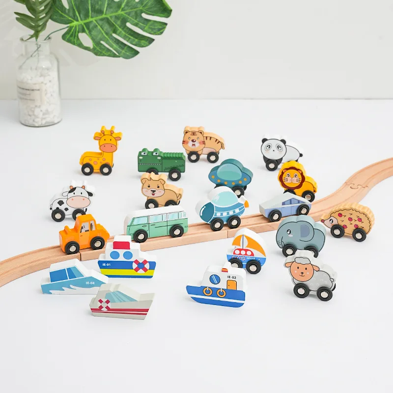 1PC Wooden Tracks Accessories Scene Car Cute Cartoon Animal Ship fit for Brand Wood Train Tracks Railway Toy For Kids Gift