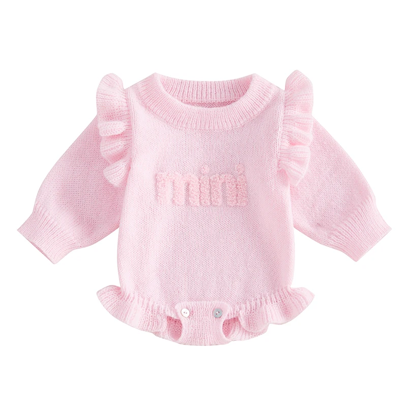 Baby Girls Knit Sweater Romper Long Flying Sleeve O Neck Letter Embroidery Romper