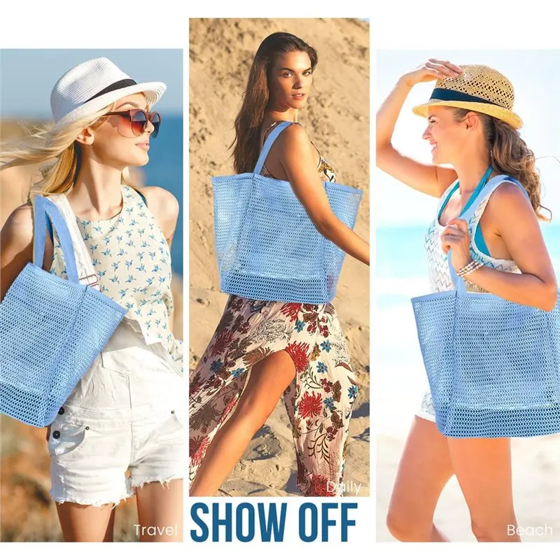 NEW-Beach Bag For Women, Summer Travel Mesh Tote With Large Inner Pocket, Sandproof Woven Shoulder Handbag