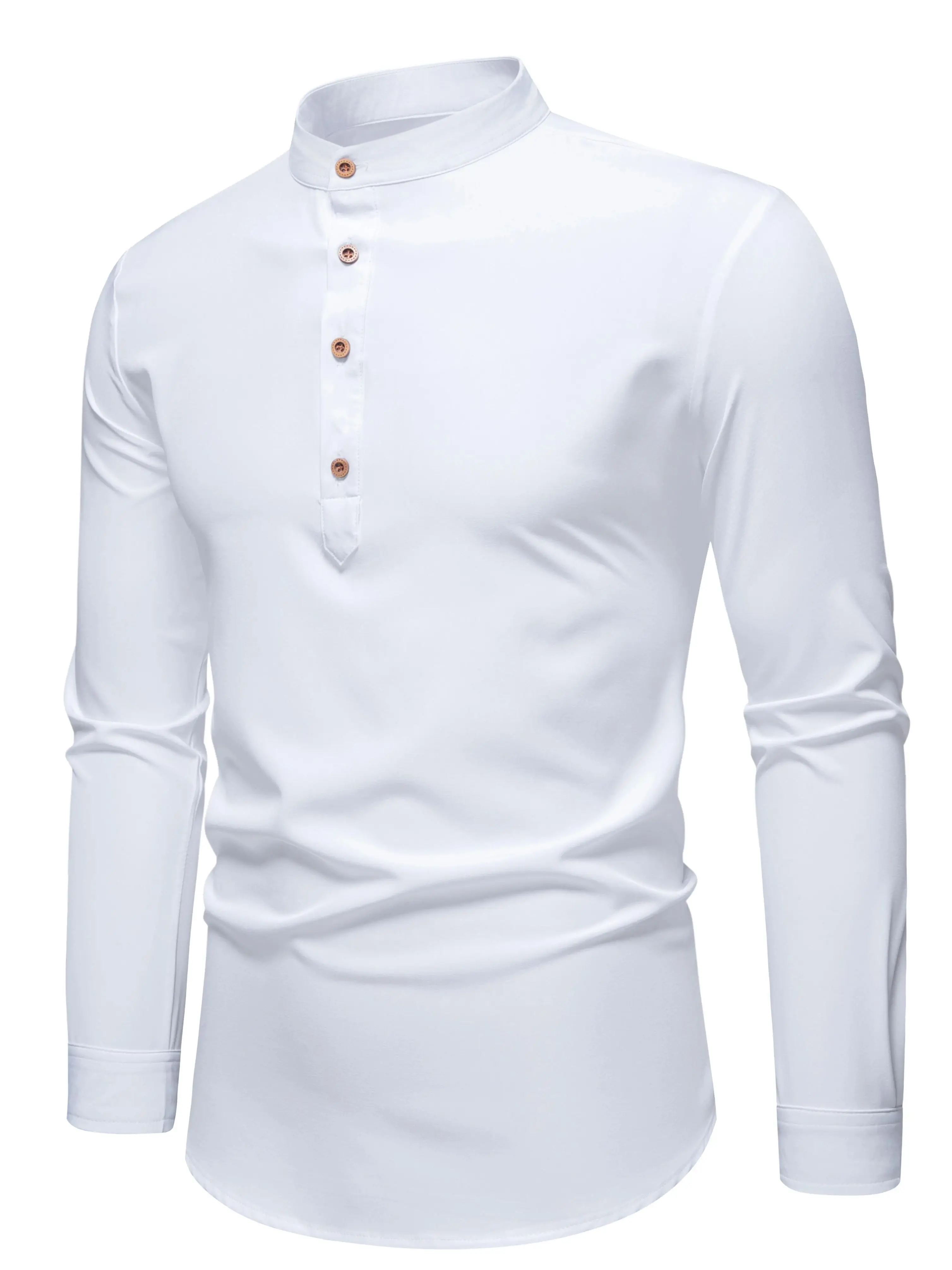 Herren Frühlings-Freizeithemd im Retro-Stil mit Knöpfen und Langen Ärmeln, Stehkragen Mode Streetwear Einfarbiges Herren-Oberteil – Detail 2