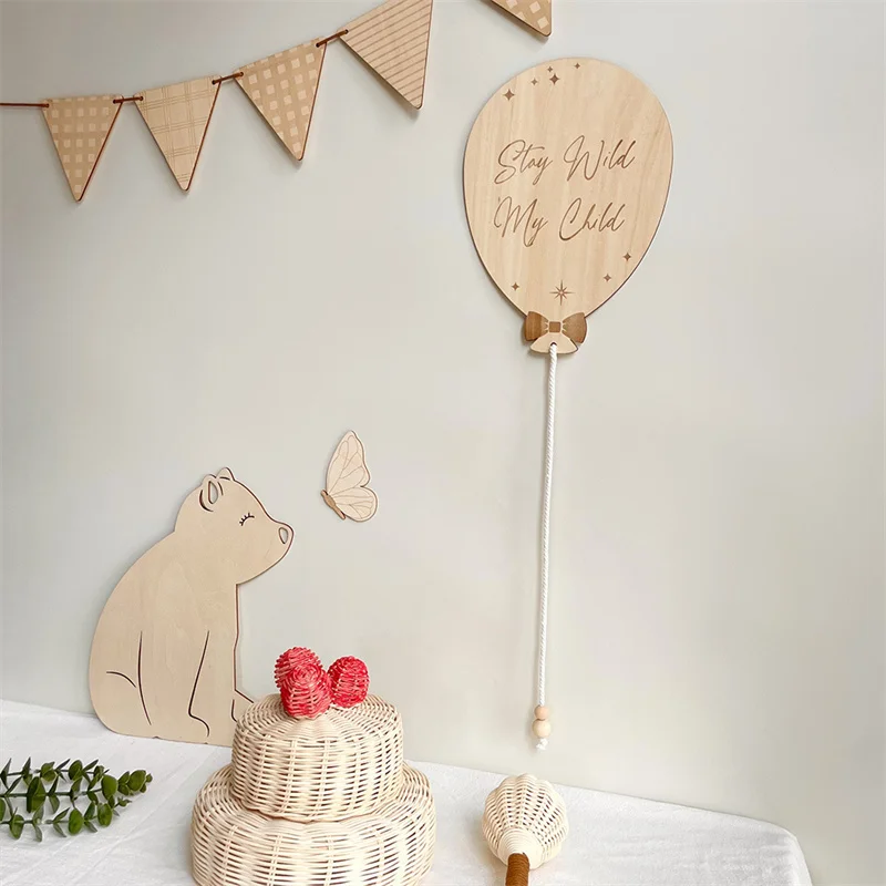 INS Nordic Wooden Hot Air Balloon Wall Stickers Wood Balloon Sticker Set Kids Room Decoration Ornament Home Crafts Nursery Decor view 4