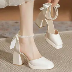 Summer Sweet Back Butterfly-knot Lolita Shoes Big Girls Thick Block High Heels Platform Women Party Flock Princess Sandals 2024