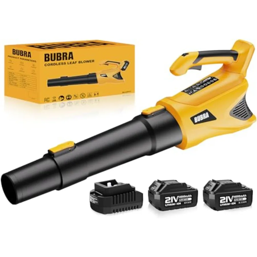 

Беспроводная воздуходувка для листьев 21В, легкая и мощная электрическая воздуходувка с 2 аккумуляторами 4.0Ач и быстрым зарядным устройством, с регулируемой скоростью