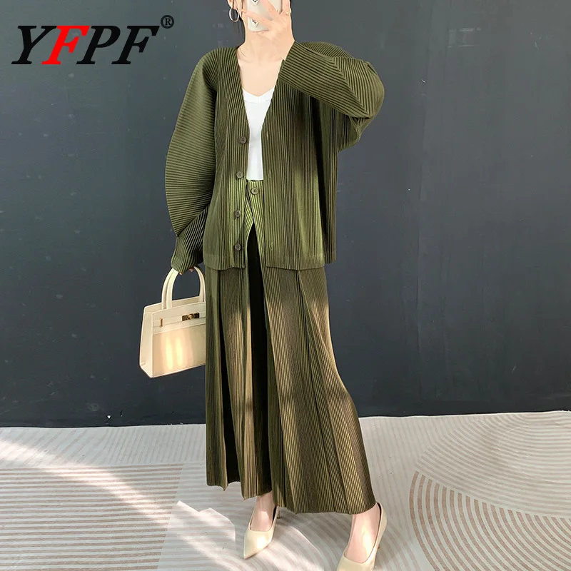 

YFPF 2022, весенний новый плиссированный комплект для женщин, топы с v-образным вырезом и пуговицами, широкие брюки, длинные брюки, модная однотонная одежда