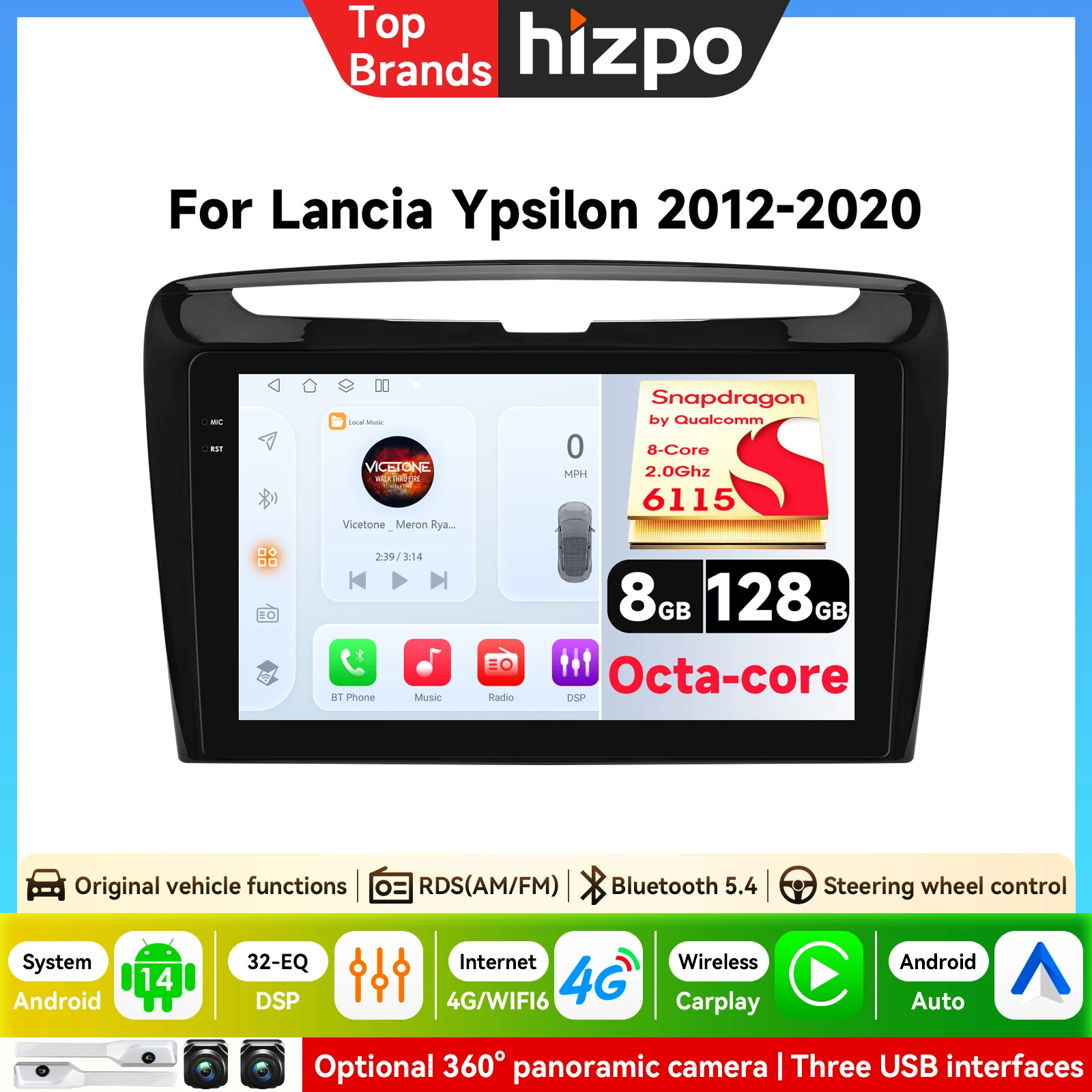 Hizpo 9-Zoll KI-Intelligentes Kabelloses CarPlay Android Auto Autoradio für Lancia Ypsilon 2012-2020 Multimedia-Player WiFi 4G 8-Kern RDS