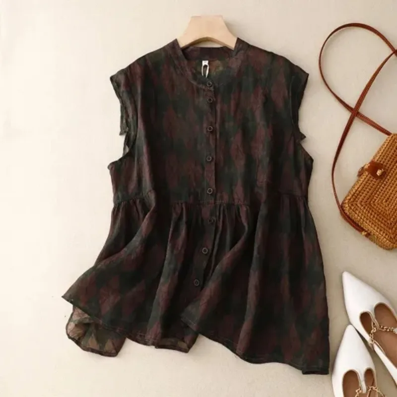 

Women's Printed Ramie Shirt Summer New Plus Size Stand Collar Cap Sleeve Casual Loose Blouse