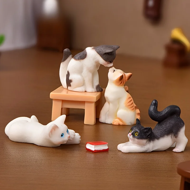 6PC/ SetResin Cats Ornament Kitten Figurine Animal Miniature Fairy Garden Doll House Decoration DIY Micro Landscape Home Decor