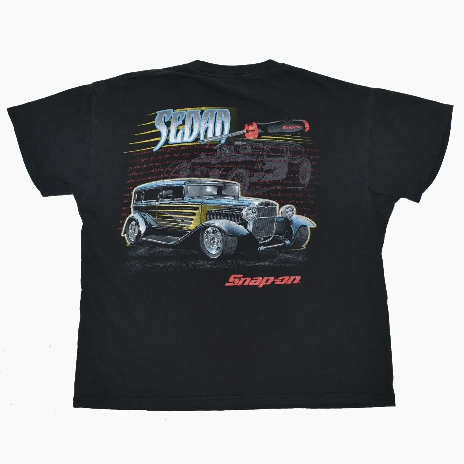 Vintage Snap On Tools T Shirt size Large Black Faded Hot Rod Sedan Racing Tee