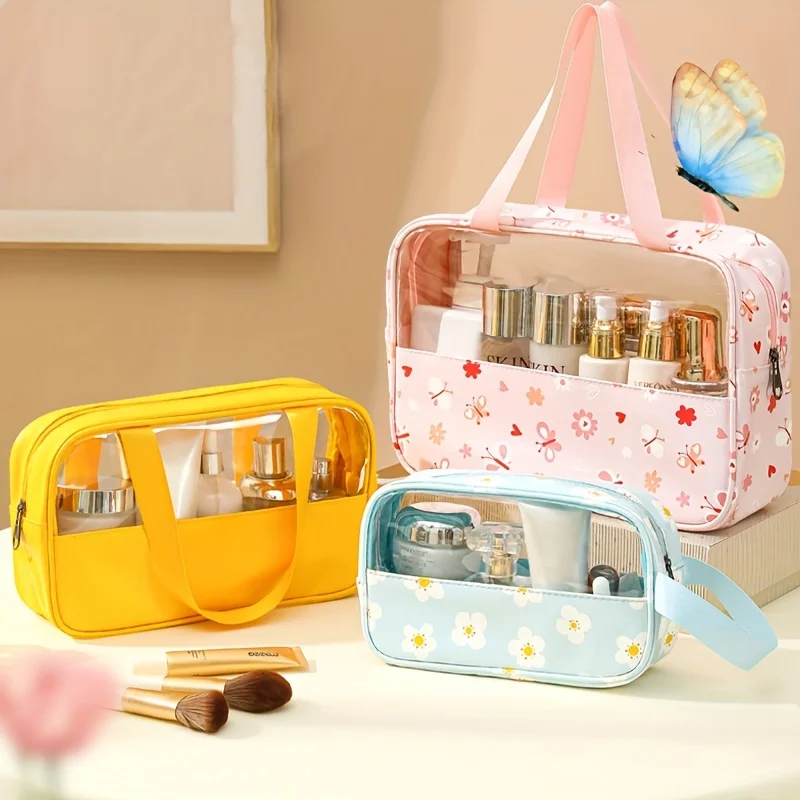 3pcs/set printed transparent stitching cosmetic bag pu waterproof portable toiletry bag large capacity bath bag travel portable