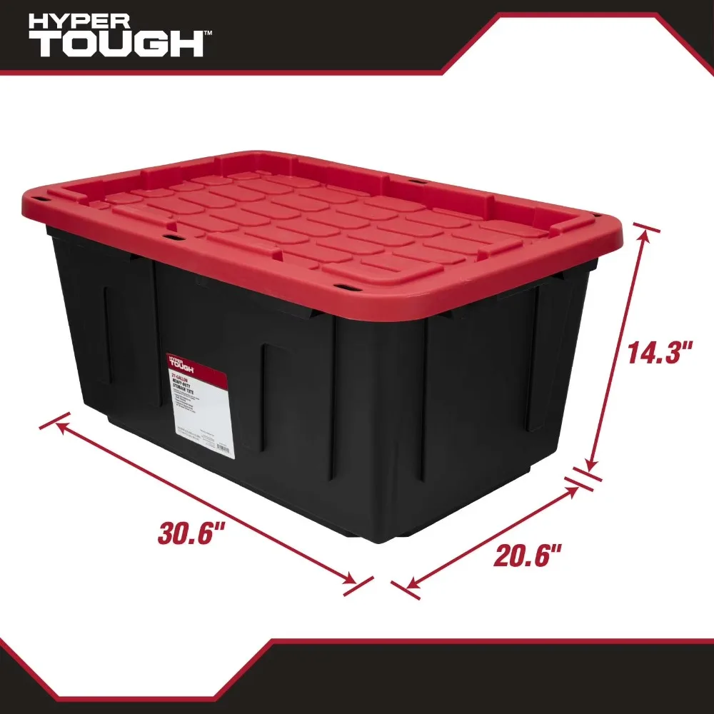Heavy Duty Large 27 Gallon Plastic Storage Container with Snap Lock Lid Black and Red Tote Bin for Organizing