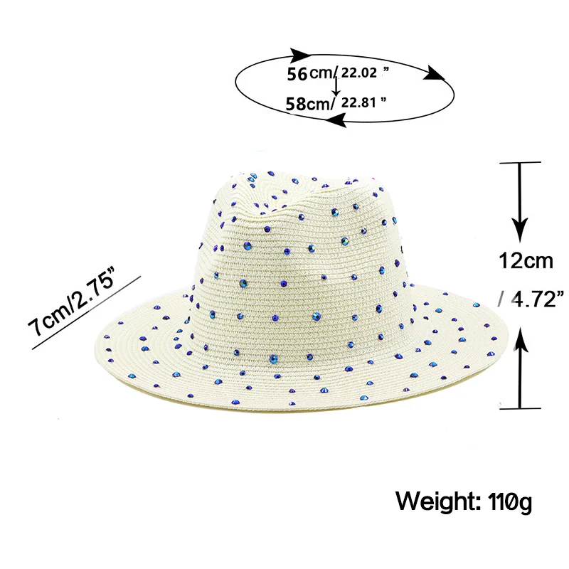 Luxury diamond Panama Soft Shaped Straw Hat Summer Women Wide Brim Beach Sun Cap UV Protection Girl Fedora Hat