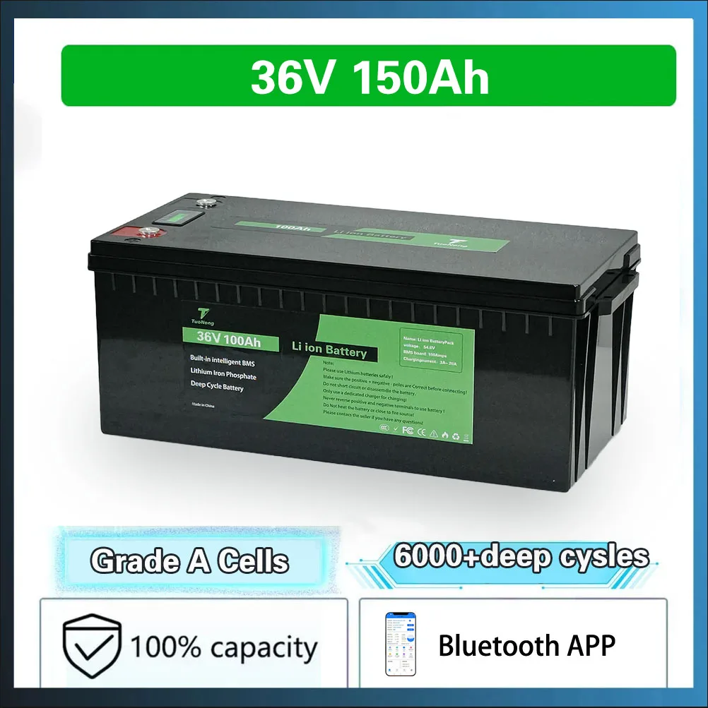 

waterproof 36v 150ah lithium ion batteria 100A BMS Bluetooth for 3000W 2500w inverter scooter golf cart bike solar +10A charger