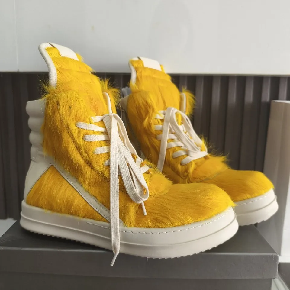 

Green Pink Horsehair High Top Men and Women Sneakers Casual Shoes Lace Up Round Toe Thick Bottomed Quality Designer Boots&shoes