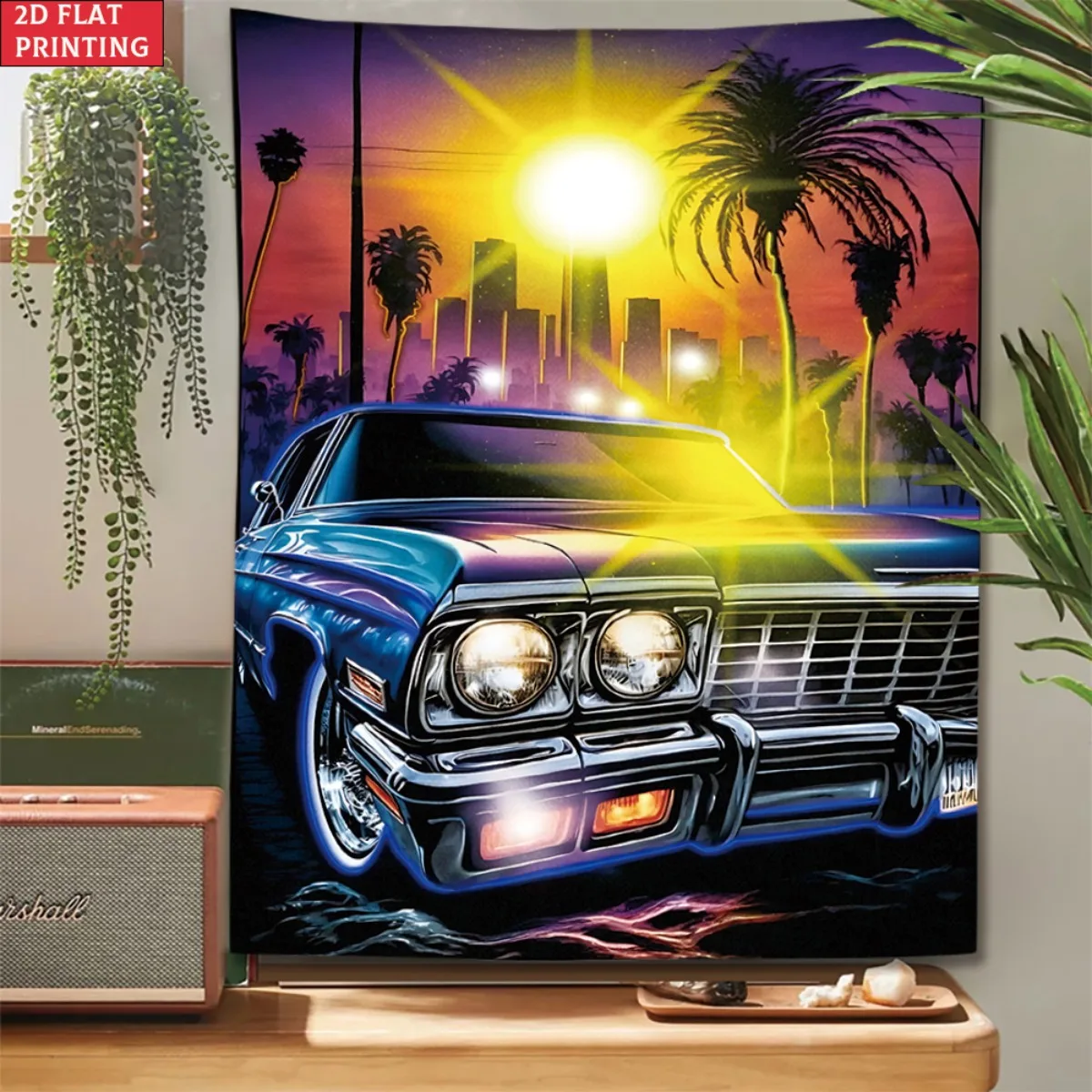 Vintage Lowrider Classic Car Tapestry, Retro American Muscle Car in LA Sunset Wall Hanging, Car Lover Room Decor 1pcs