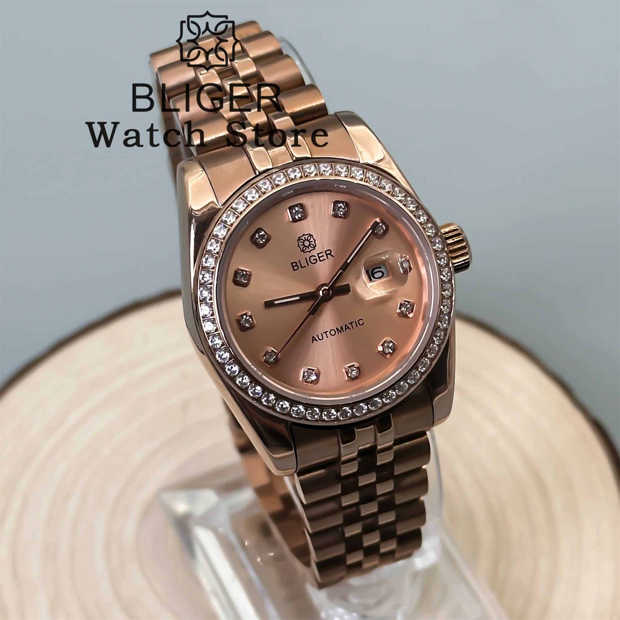 BLIGER 31 мм с бриллиантовым безелем и циферблатом Sunburst Diamond Mark NH05 Автоматические женские часы с сапфировым стеклом Роскошные наручные часы из розового золота